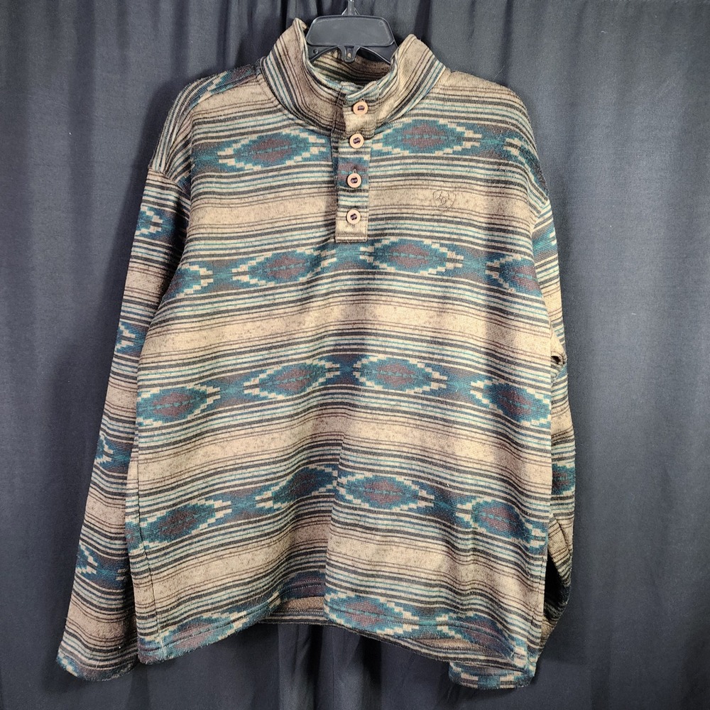 Ariat Wesley Sweater Mens Large Brown Teal Southwestern Fleece 1/4 Button